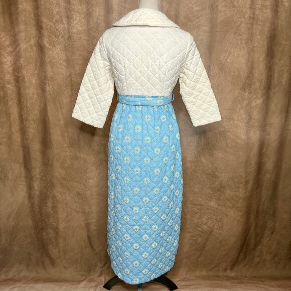 Vintage 60s Quilted Floral Two Tone Night Gown Robe Sleepwear Diamond Puffy Mod - Picture 9 of 13